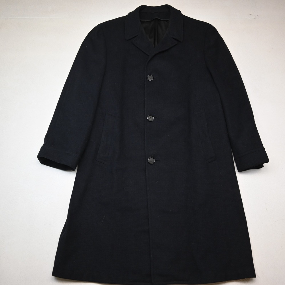 Vtg USA Made Mens Large Blue Check Wool Tweed Mens Trench Overcoat